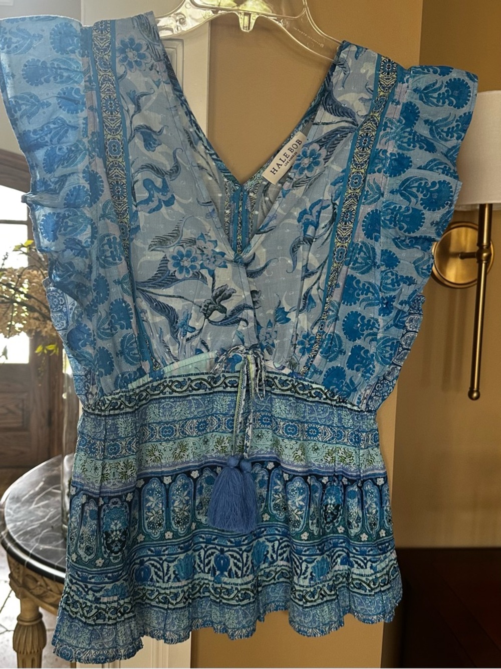 Hale Bob Blue Paisley & Floral Tassel Tie Ruffle Top